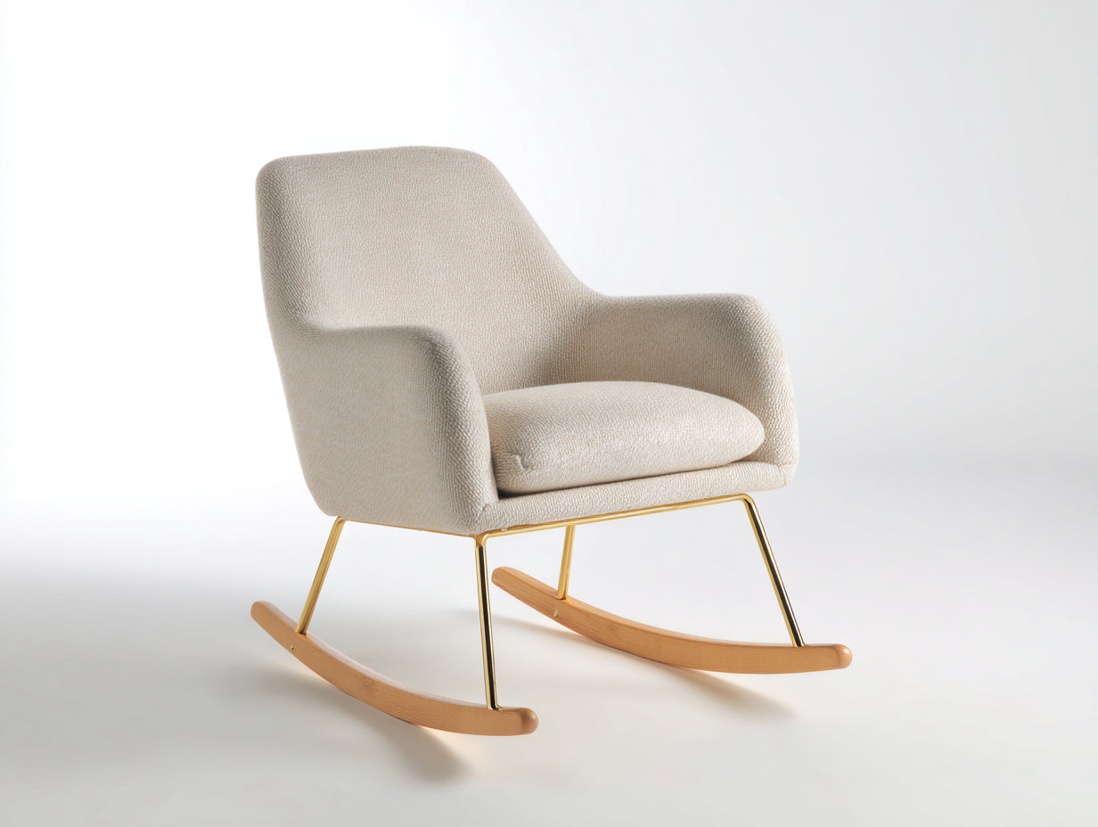 Mecedora tapizada de tejido y metal 78 x 92 x 88 cm - beige y dorado - patines de madera para salón - diseño moderno