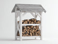 Leñero de exterior de madera 160x70x170 cm - blanco envejecido y gris - diseño rústico con 2 niveles