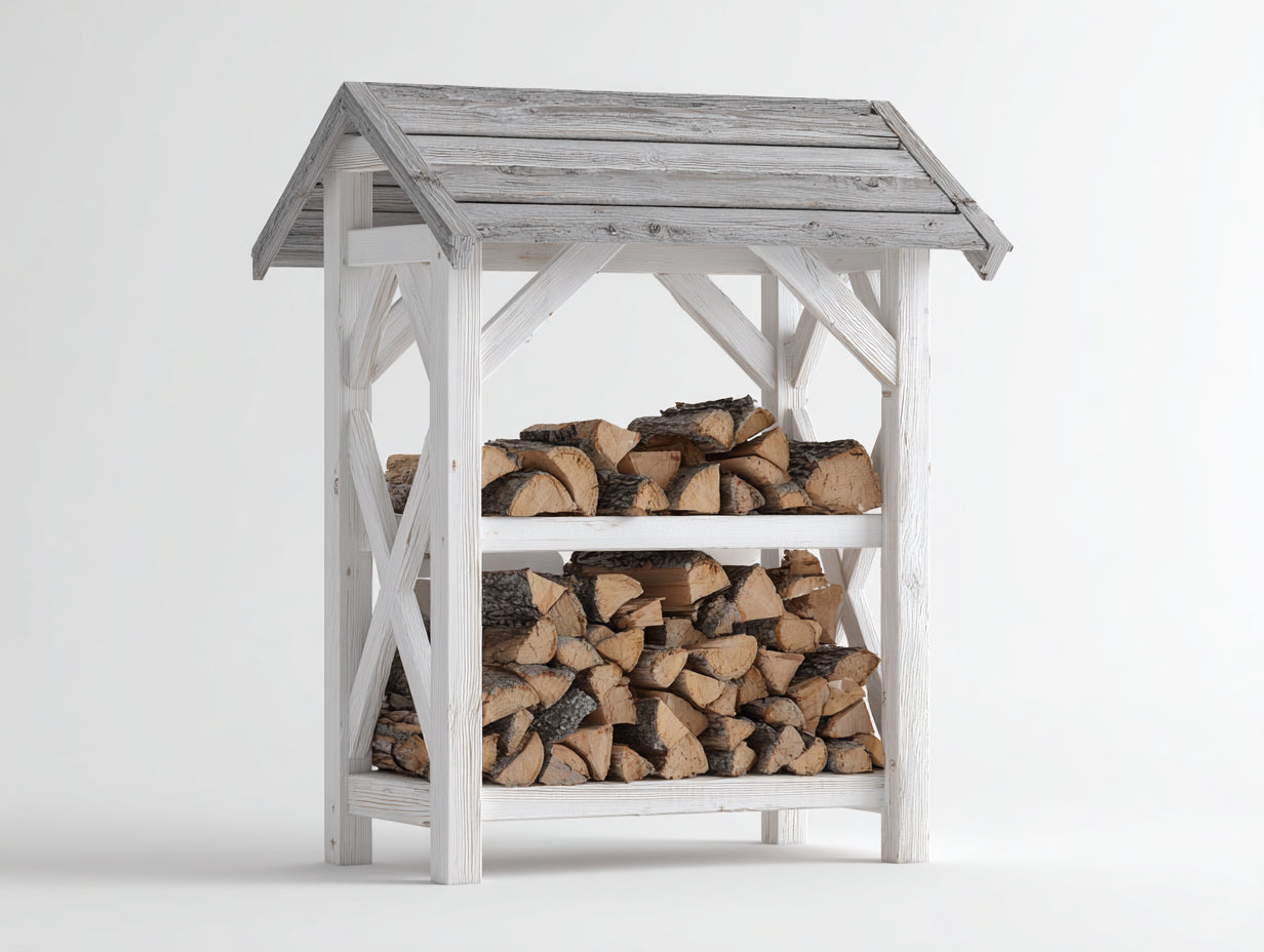 Leñero de exterior de madera 160x70x170 cm - blanco envejecido y gris - diseño rústico con 2 niveles
