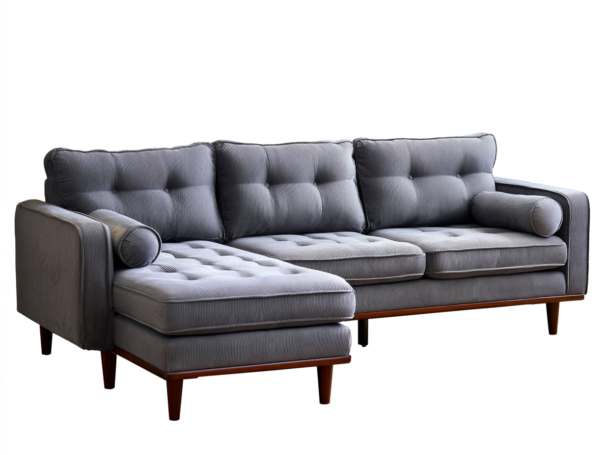 Sofá de esquina de 3 plazas tapizado en pana 285 x 170 x 88 cm - gris oscuro - asiento acolchado con chaise longue y patas de madera para salón - diseño moderno