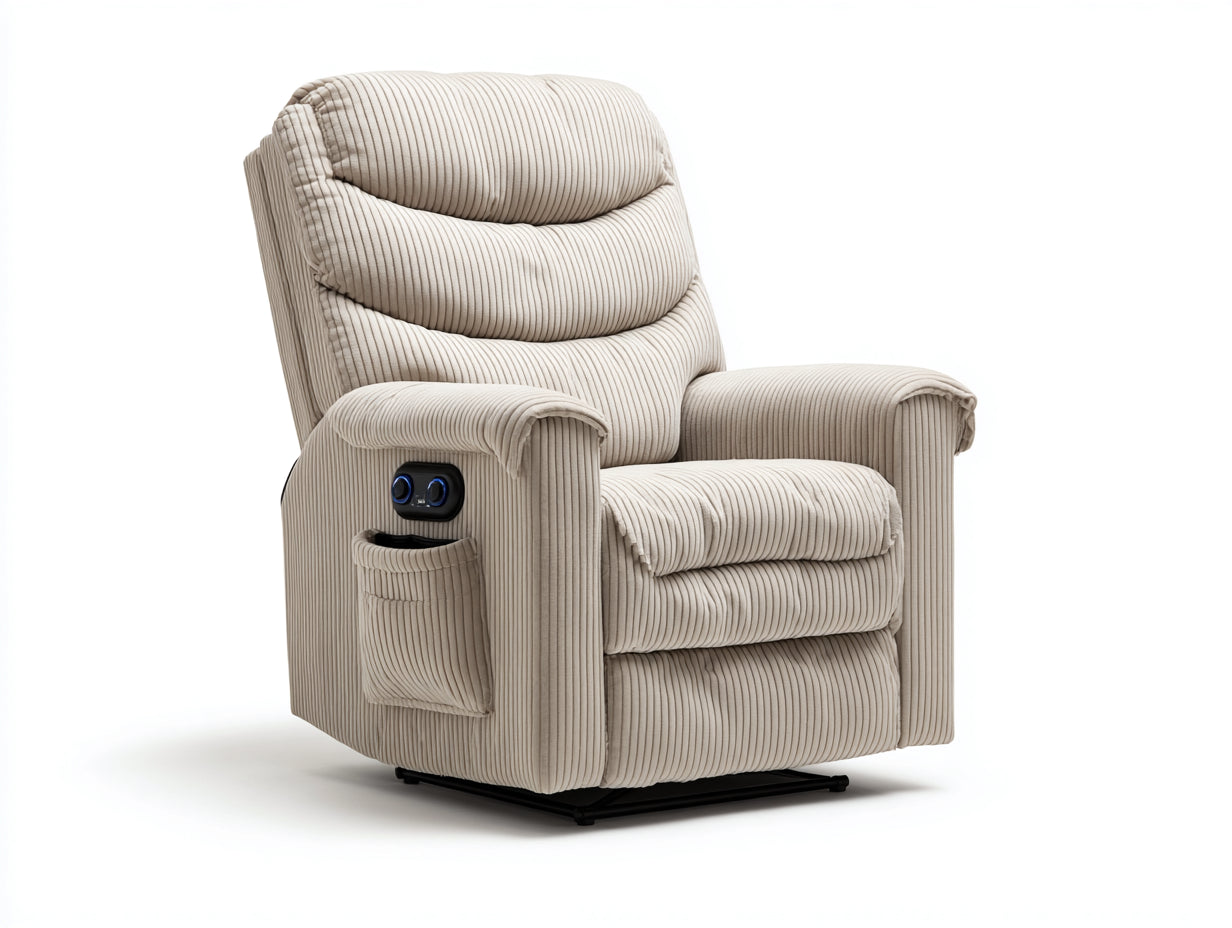 Sillón reclinable eléctrico de pana 90 x 100 x 110 cm - beige - respaldo alto con control lateral y bolsillo para salón - diseño clásico