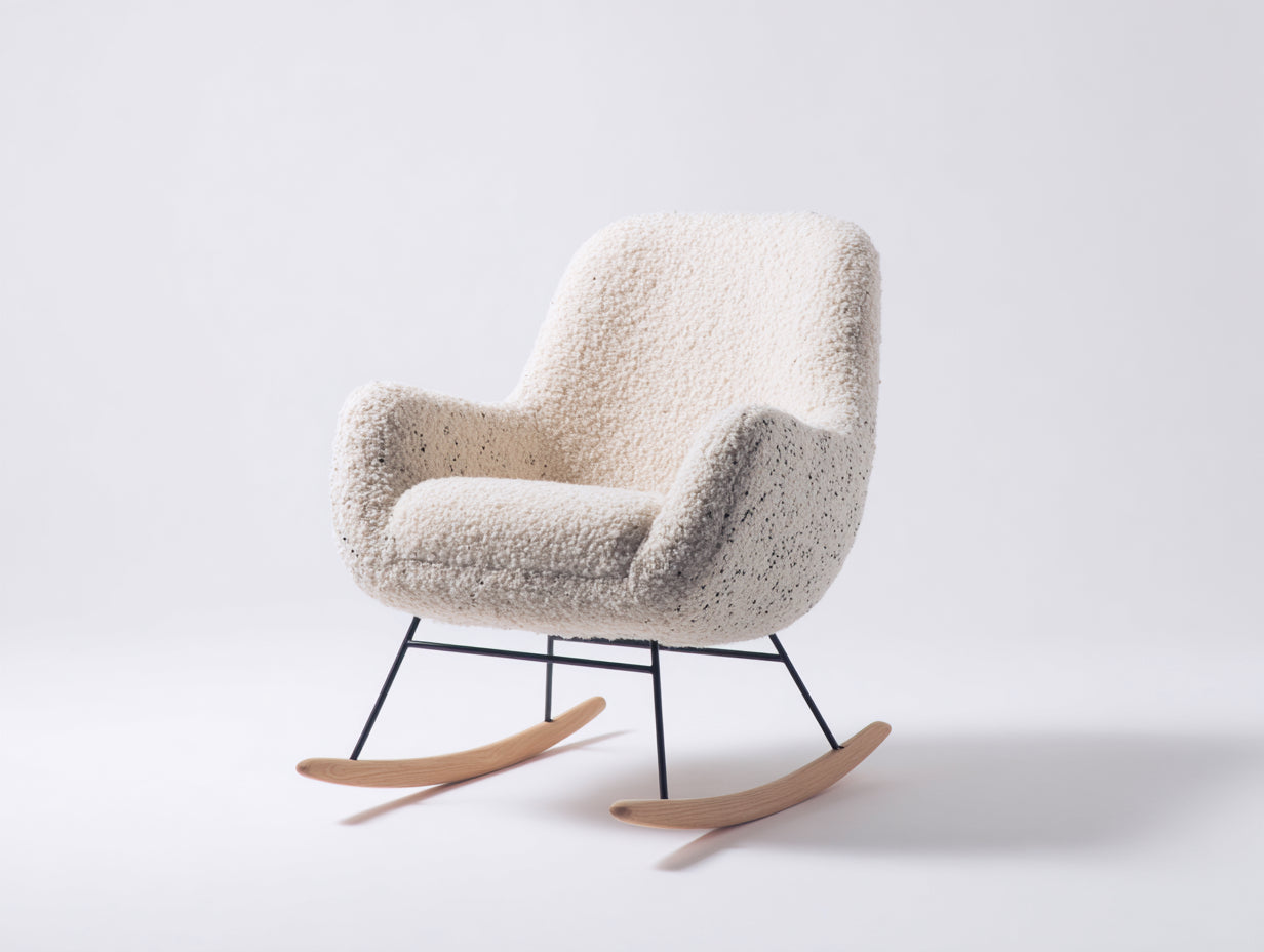 Mecedoras - Tejido bouclé con estructura metálica y patines de madera 76 x 91 x 96 cm - Blanco crema gris moteado negro y marrón natural - Para salón y dormitorio - Diseño moderno envolvente