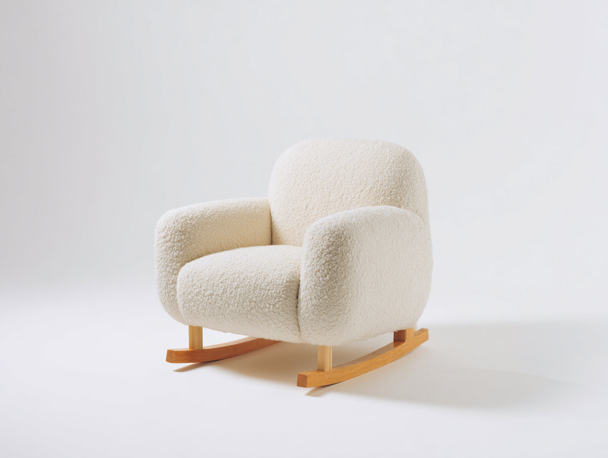 Mecedoras - Tejido bouclé y patines de madera 85 x 92 x 82 cm - Blanco crema y marrón natural - Para salón y dormitorio - Diseño moderno con asiento acolchado