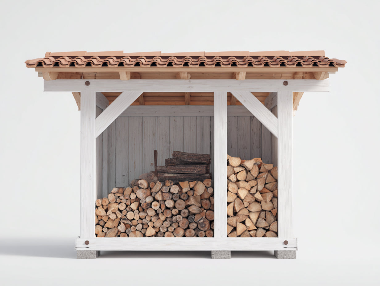 Leñero de exterior - Estructura de madera 200 x 75 x 210 cm - Blanco marrón natural y terracota - Para jardín y patio - Cubierta de tejas y 2 compartimentos