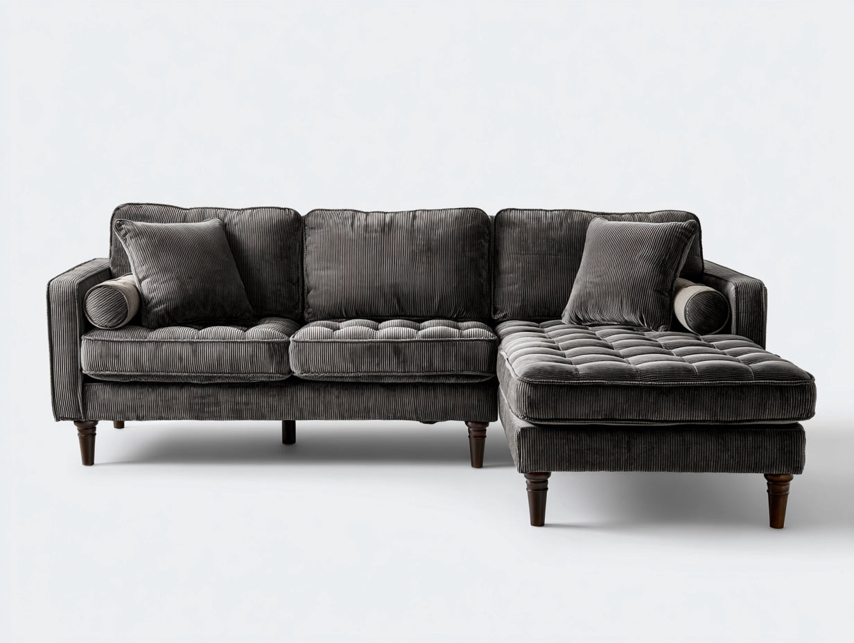 Sofás de esquina de 4 plazas en tejido de pana 275x175x88 cm - gris antracita - módulo de descanso con asiento capitoné