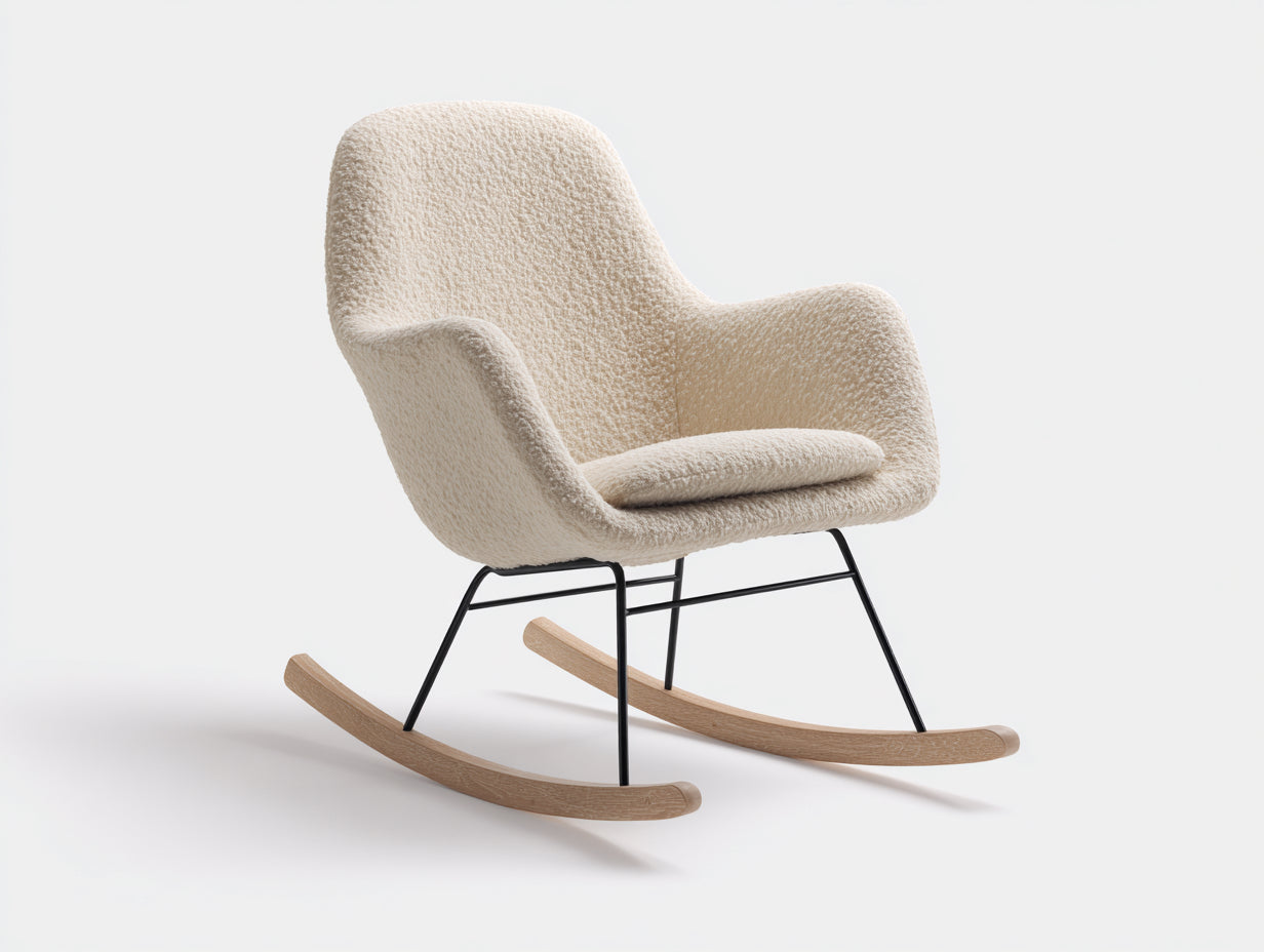 Mecedoras de salón tapizadas en tejido bouclé 78x95x92 cm - crema y madera natural - diseño moderno con base metálica