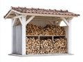 Leñero de exterior de madera 240x105x215 cm - blanco y terracota - techo inclinado con estante