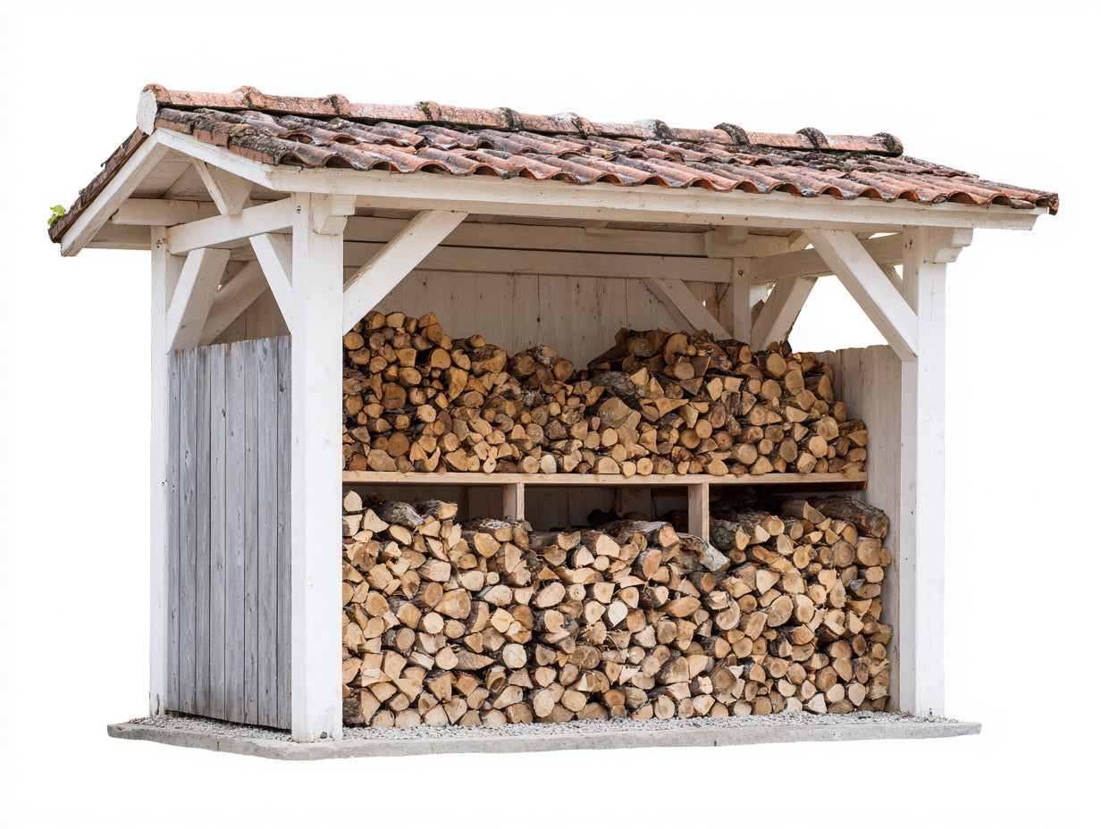 Leñero de exterior de madera 240x105x215 cm - blanco y terracota - techo inclinado con estante