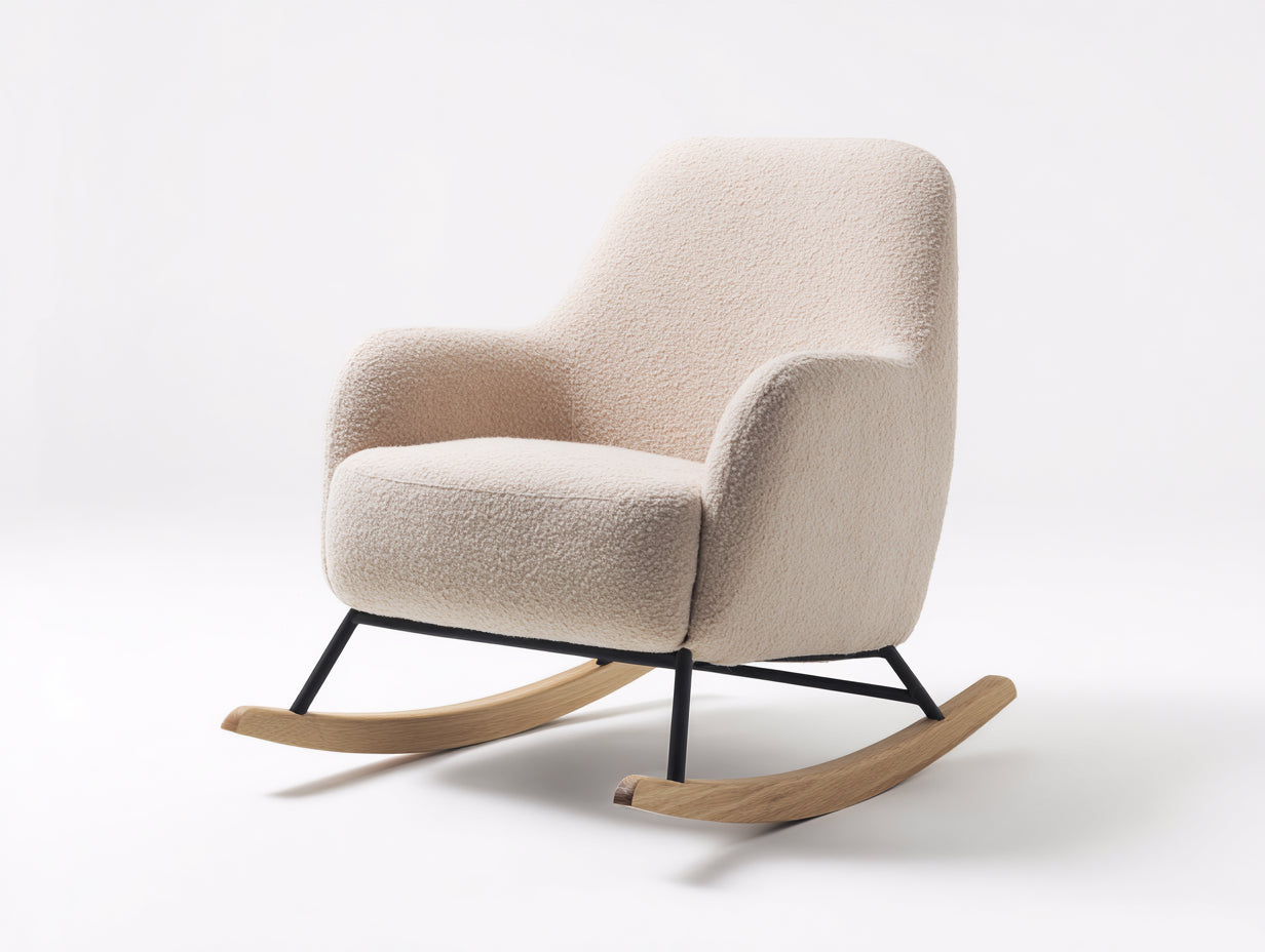 Mecedoras - Tejido bouclé con estructura metálica y patines de madera 80 x 94 x 98 cm - Blanco crema negro y marrón natural - Para salón y dormitorio - Diseño moderno con respaldo alto