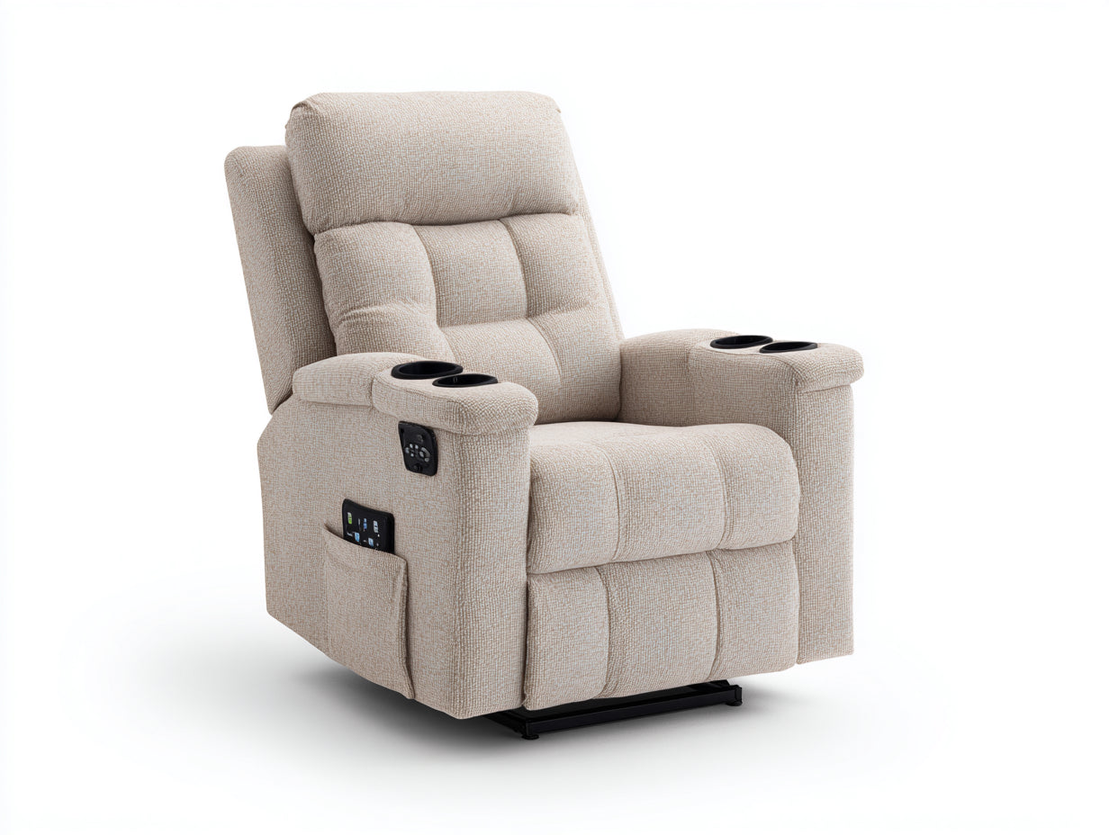 Sillón reclinable eléctrico de tejido 94 x 101 x 109 cm - beige claro - respaldo alto con 4 portavasos control lateral y bolsillo para salón - diseño moderno
