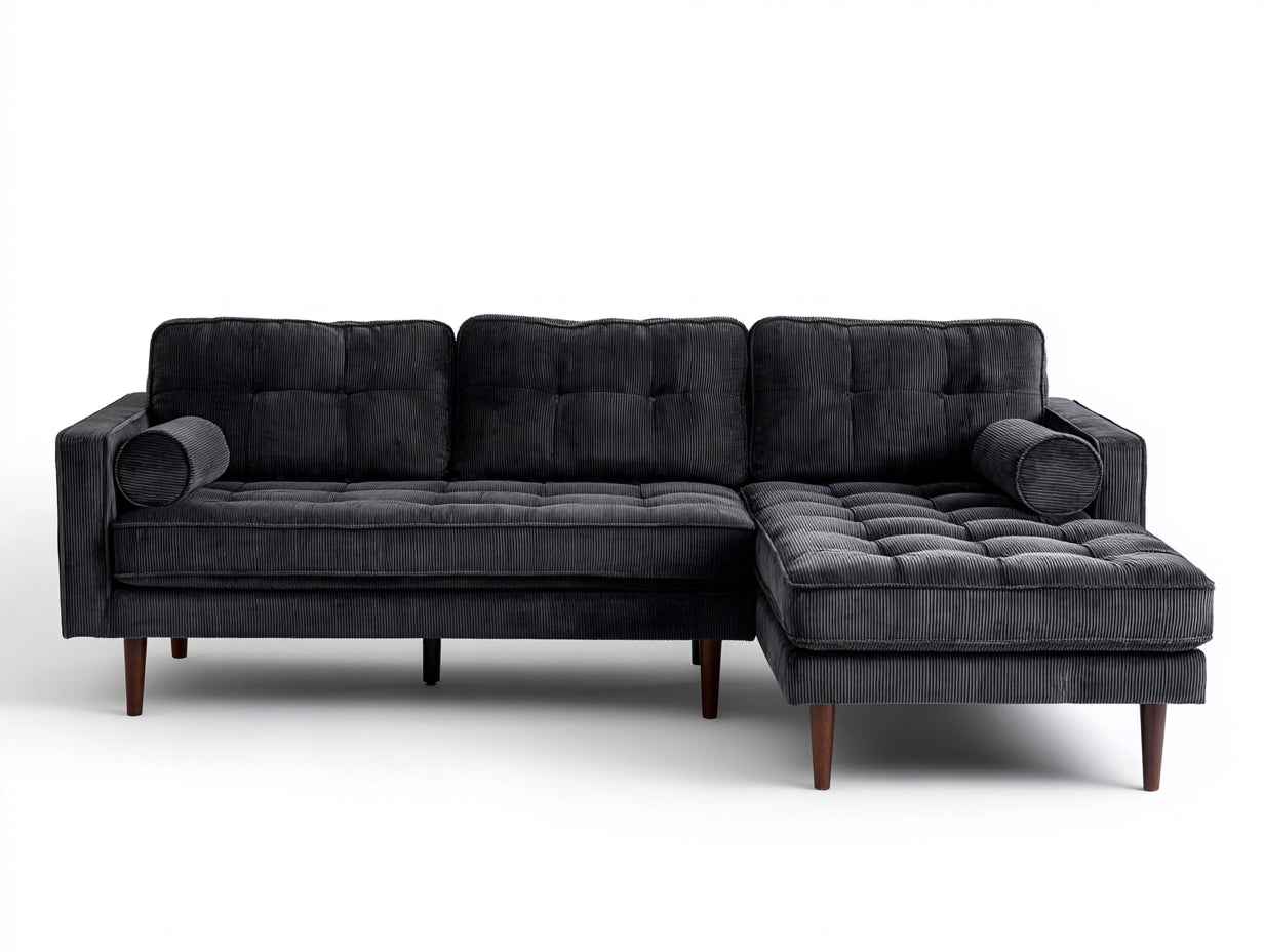 Sofás de esquina de 4 plazas en tejido de pana 260x175x86 cm - negro - módulo de descanso y asiento capitoné