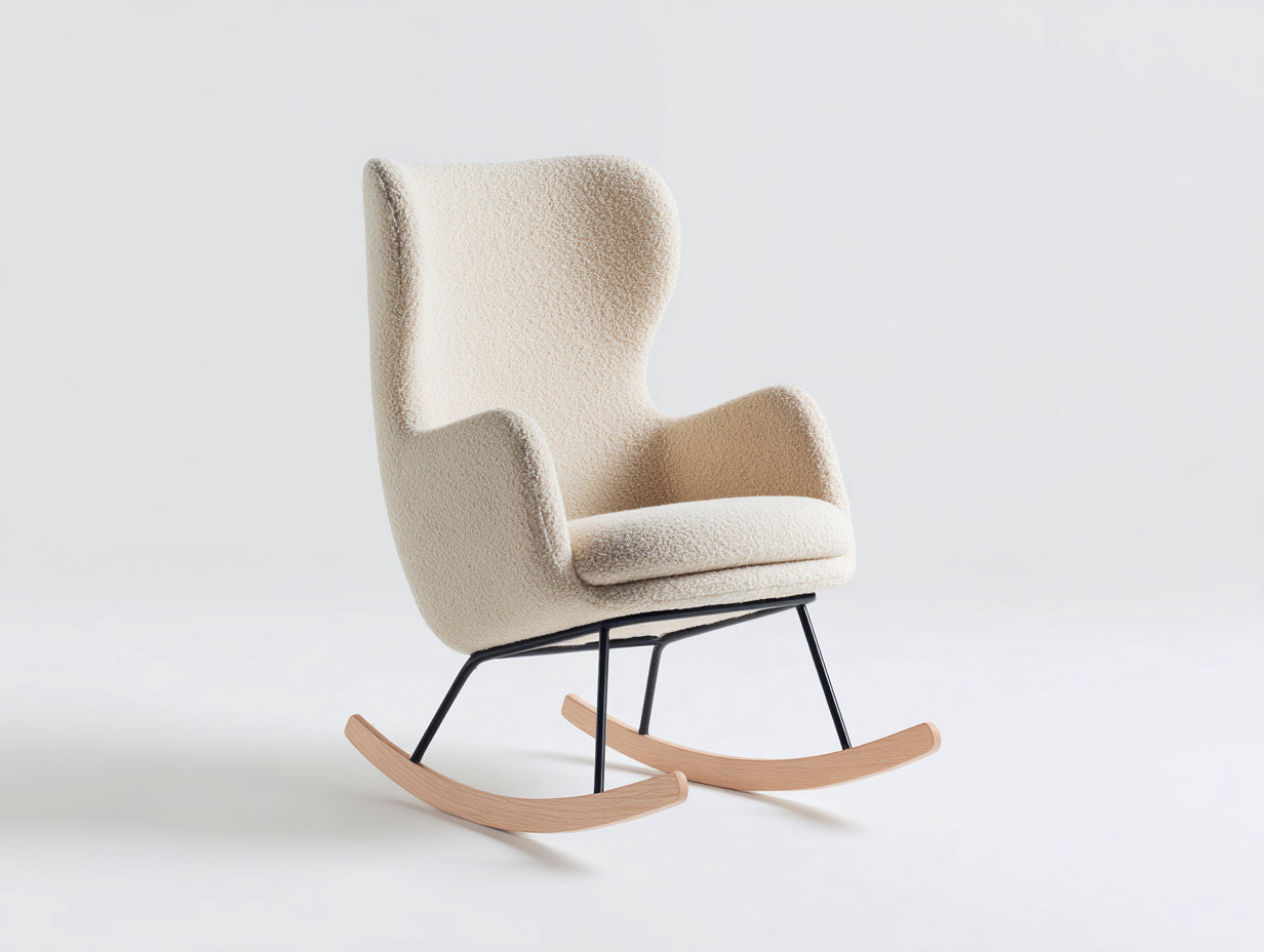 Mecedoras tapizadas en tejido bouclé 76x92x108 cm - crema y negro - respaldo alto con balancines de madera