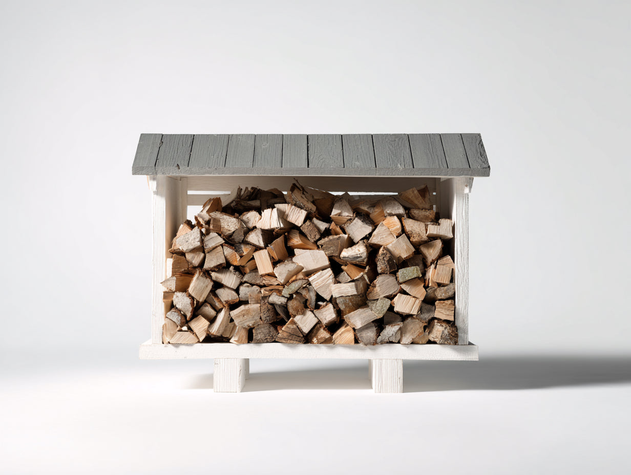 Leñero de exterior de madera 140 x 55 x 120 cm - blanco y gris claro - cubierta de tablas con almacenamiento elevado - diseño rústico compacto