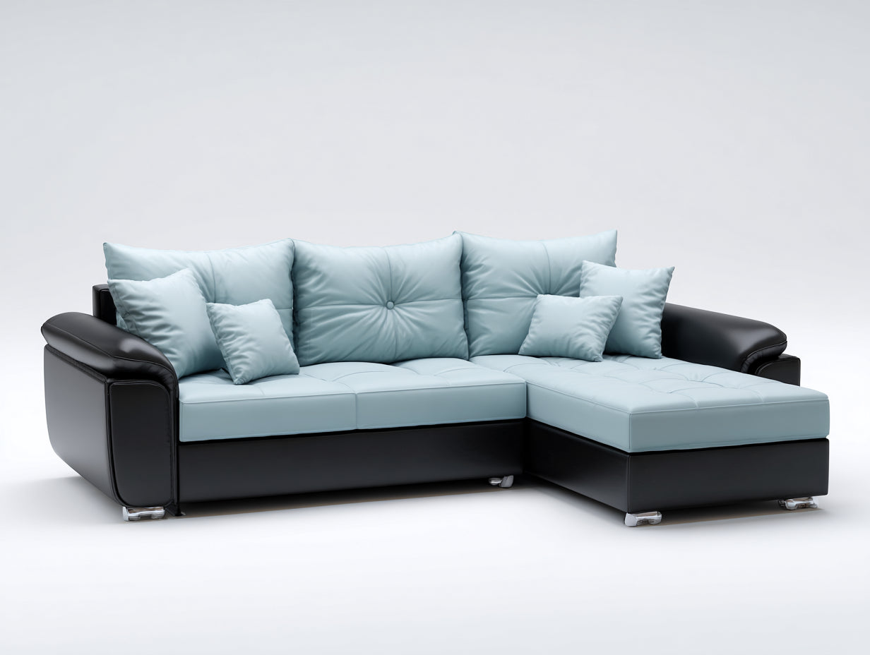 Sofás de esquina de 4 plazas en cuero sintético 265x190x88 cm - azul claro y negro - módulo de descanso
