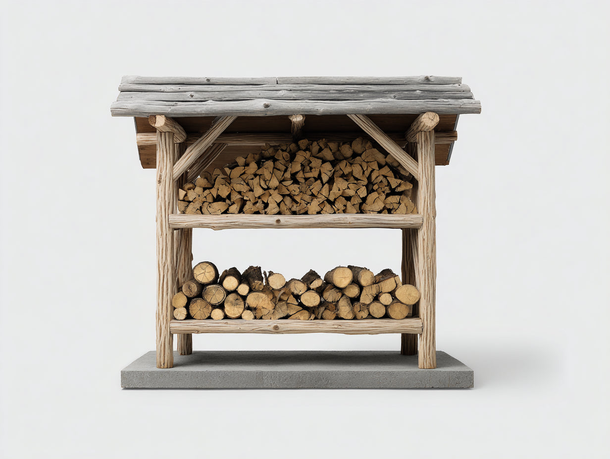 Leñero de exterior - Madera maciza 140 x 60 x 175 cm - Marrón natural y gris envejecido - Para jardín y patio - Techo inclinado y 2 niveles de almacenamiento