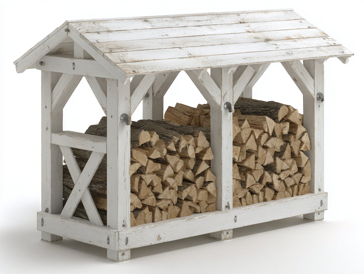 Leñero de exterior de madera 220x80x125 cm - blanco envejecido - diseño rústico con techo a dos aguas