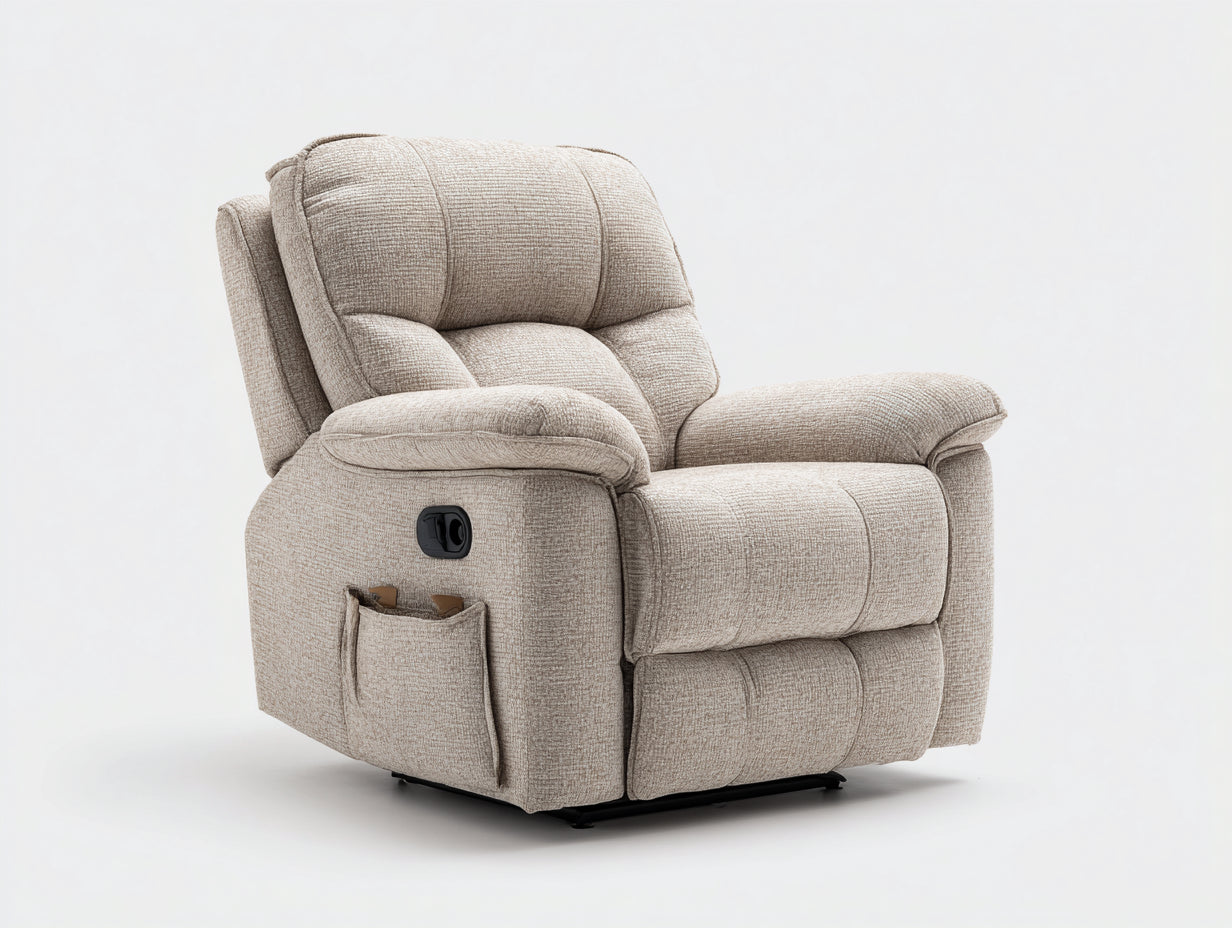 Sillones reclinables - Tela texturizada 92 x 96 x 105 cm - Beige claro - Para salón y dormitorio - Reclinación manual con reposapiés y bolsillo lateral