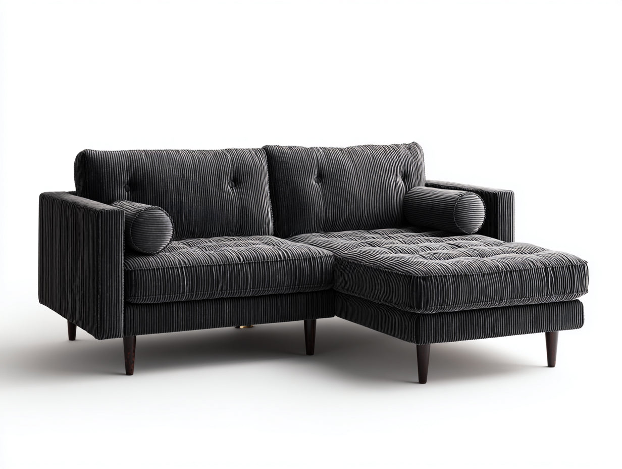Sofás de esquina de 4 plazas en tela acanalada 285x175x82 cm - negro y madera oscura - diseño moderno con módulo de descanso