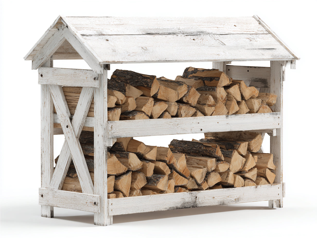 Leñero de exterior - Madera maciza 150 x 65 x 165 cm - Blanco envejecido - Para jardín y patio - Techo inclinado y almacenamiento en 2 niveles